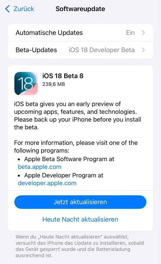 福州苹果手机维修分享苹果 iOS / iPadOS 18 开发者预览版 Beta 8 发布 